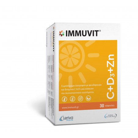 LERIVA IMMUVIT C+D3+Zn Συμπλήρωμα Διατροφής με Βιταμίνες C, D3 & Ψευδάργυρο για Ενίσχυση Ανοσοποιητικού, 30 κάψουλες