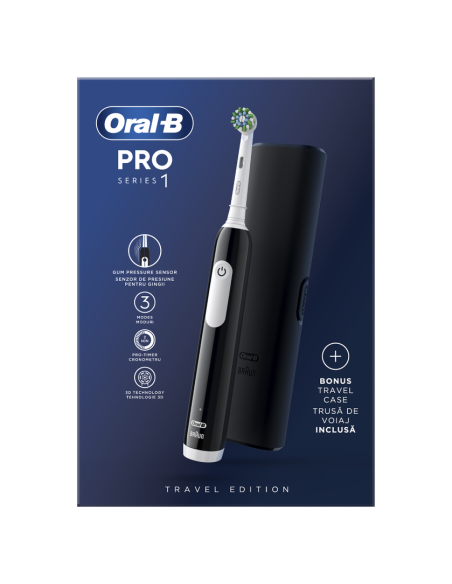 Oral-B Pro Series 1 Black Edition Ηλεκτρική Οδοντόβουρτσα σε Μαύρο Χρώμα με Χρονομετρητή, Αισθητήρα Πίεσης & ΔΩΡΟ θήκη ταξιδιού