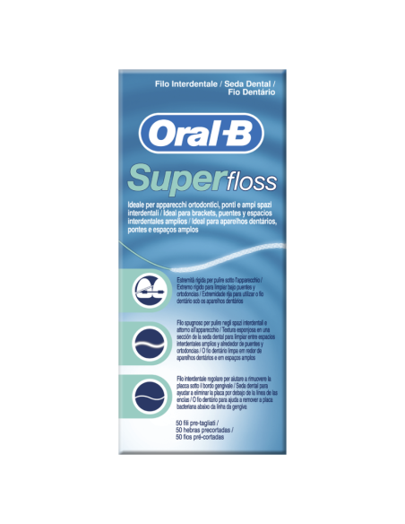 Oral-B Super Floss Οδοντικό Νήμα Κηρωμένο για Γέφυρες, Σιδεράκια, Μεγάλα Μεσοδόντια Διαστήματα, 50 τμήματα x 60εκ