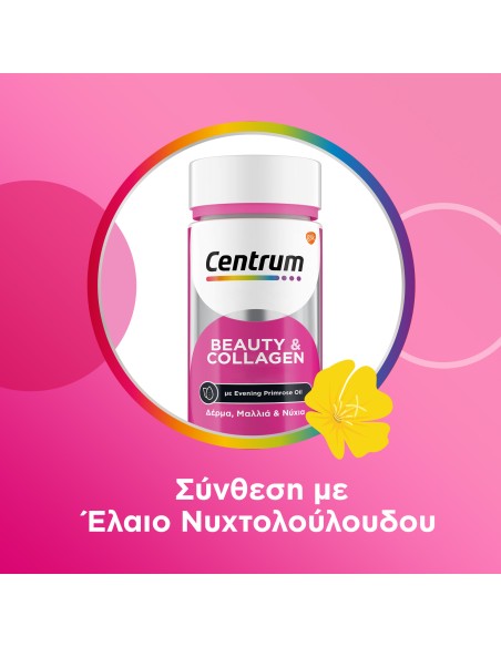 CENTRUM Beauty & Collagen Πολυβιταμίνες για Υγιή Επιδερμίδα, Γερά Μαλλιά & Νύχια με έλαιο Νυχτολούλουδου, 30 μαλακές κάψουλες