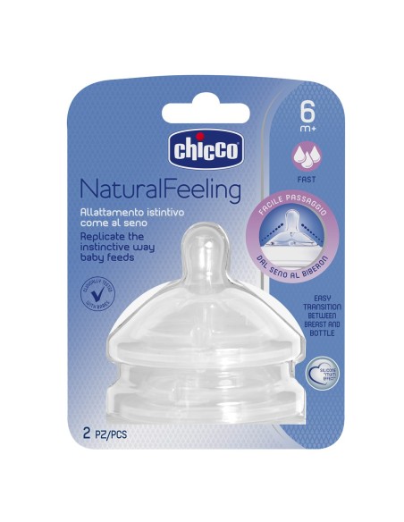 CHICCO Natural Feeling Θηλή Σιλικόνης με Διπλή Αντικολική Βαλβίδα Γρήγορη Ροή 6Μ+, 2 τεμάχια