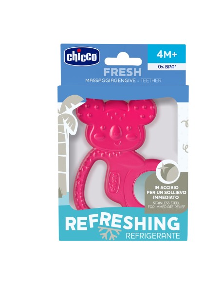 CHICCO Silicone Teether Refreshing Δροσιστικός Κρίκος Οδοντοφυΐας Σιλικόνης με Ανοξείδωτο Ατσάλι ΡΟΖ ΚΟΑΛΑ 4M+, 1 τεμάχιο