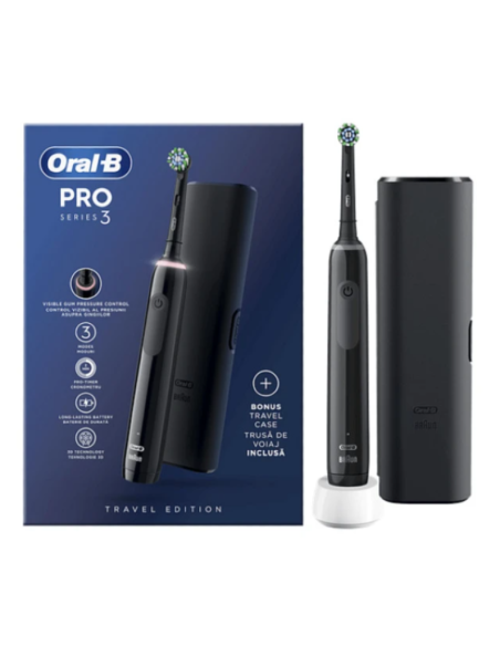 Oral-B Cross Action Pro 3 Series Black Edition Ηλεκτρική Οδοντόβουρτσα με Αισθητήρα Πίεσης 360° & Δώρο Θήκη Ταξιδιού