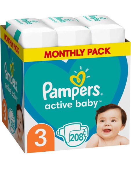 PAMPERS Active Baby Monthly Pack No.3 (6-10 kg) Βρεφικές Πάνες MSB, 208 τεμάχια