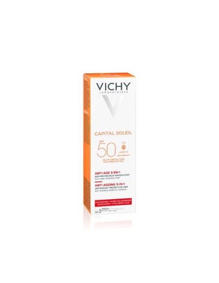 VICHY Capital Soleil Anti-Ageing SPF50 Αντηλιακή Κρέμα Προσώπου με Νιασιναμίδη & Υαλουρονικό Κατά των ρυτίδων 3 σε 1, 50ml