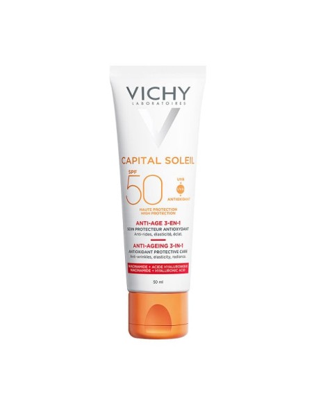 VICHY Capital Soleil Anti-Ageing SPF50 Αντηλιακή Κρέμα Προσώπου με Νιασιναμίδη & Υαλουρονικό Κατά των ρυτίδων 3 σε 1, 50ml