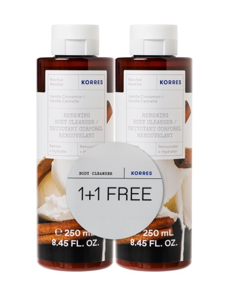 KORRES Vanilla Cinnamon Renewing Body Cleanser 1+1 Αφρόλουτρο Πασχαλιάς με Ανάλαφρη & Γλυκιά Αίσθηση Musk, 2x250ml