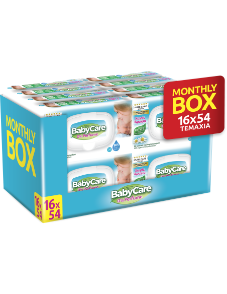 MEGA Babycare 0% Perfume Μωρομάντηλα Χωρίς Άρωμα με Καπάκι Monthly Box, (16x54) 864 τεμάχια