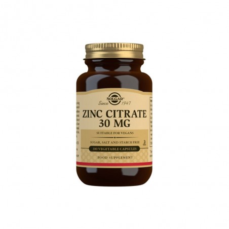 SOLGAR Zinc Citrate 30mg Συμπλήρωμα Διατροφής Κιτρικού Ψευδαργύρου, 100 φυτοκάψουλες